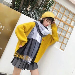 Cashmere Blend Plaid Blanket Scarf Big Oversized Long Scarf Wrap Black & White